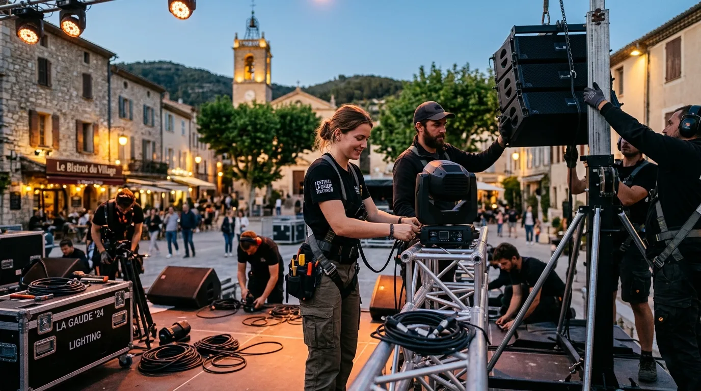 Équipe technique préparant la scène